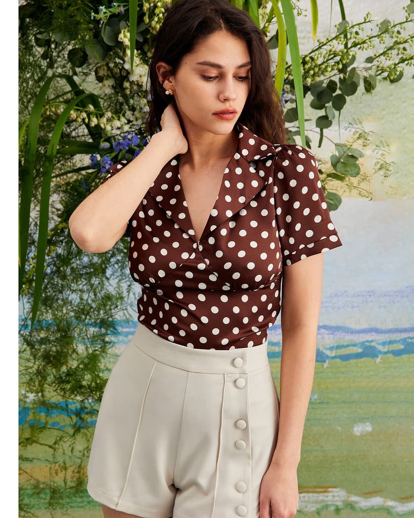 The Lapel Polka Dot Blouse Tops - RIHOAS