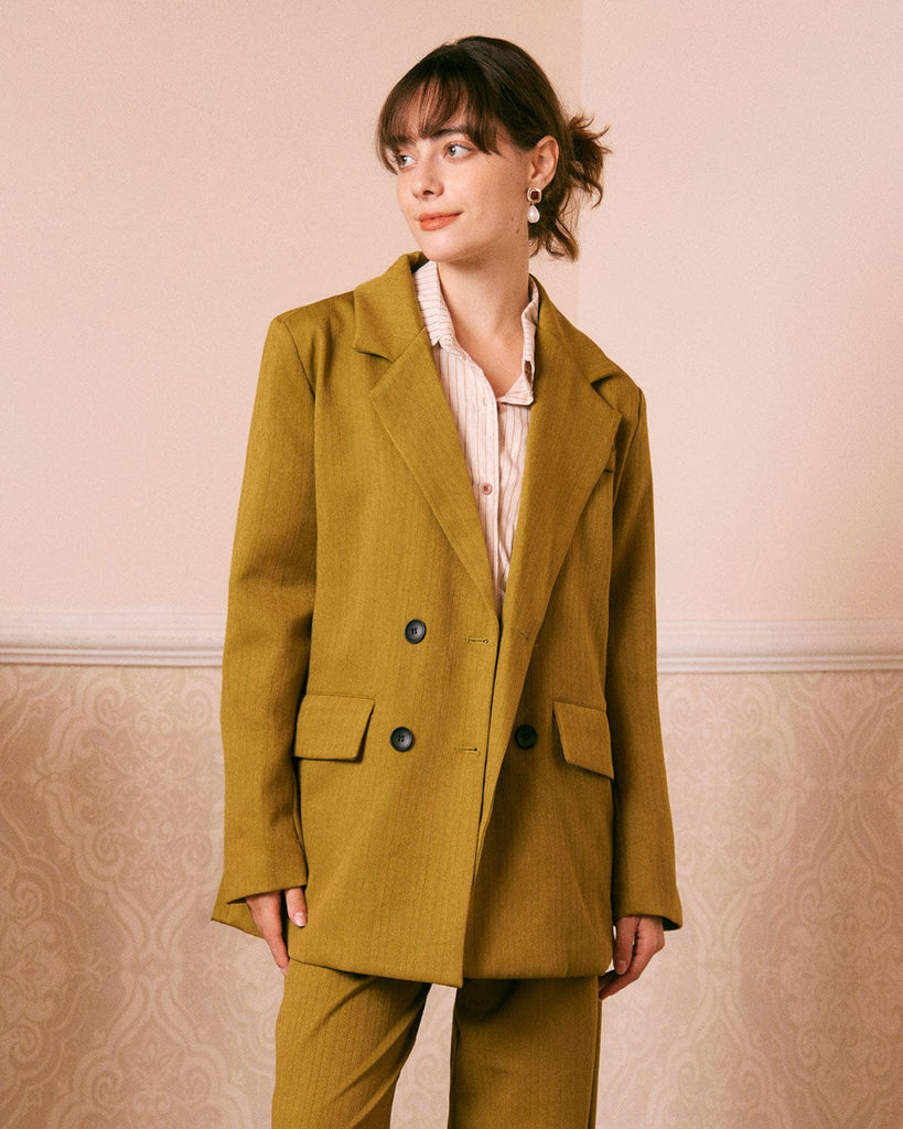 The Lapel Striped Button Blazer Green Outerwear - RIHOAS