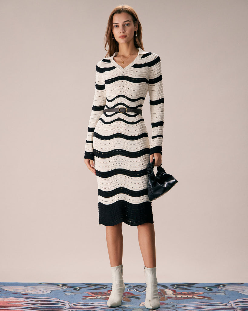 The Lapel Three-Dimensional Striped Dress Black Stripe Dresses - RIHOAS