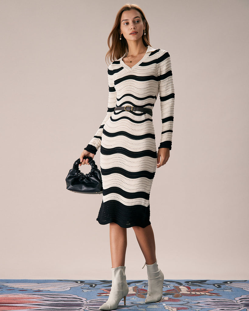 The Lapel Three-Dimensional Striped Dress Dresses - RIHOAS