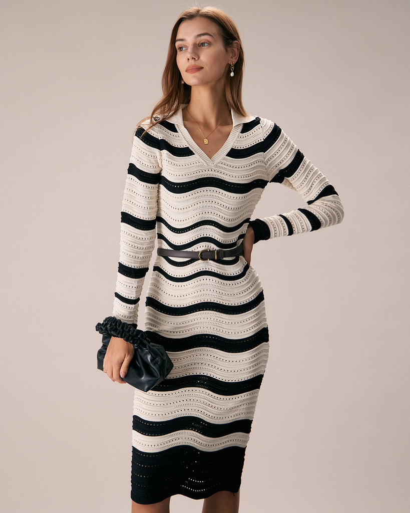 The Lapel Three-Dimensional Striped Dress Dresses - RIHOAS