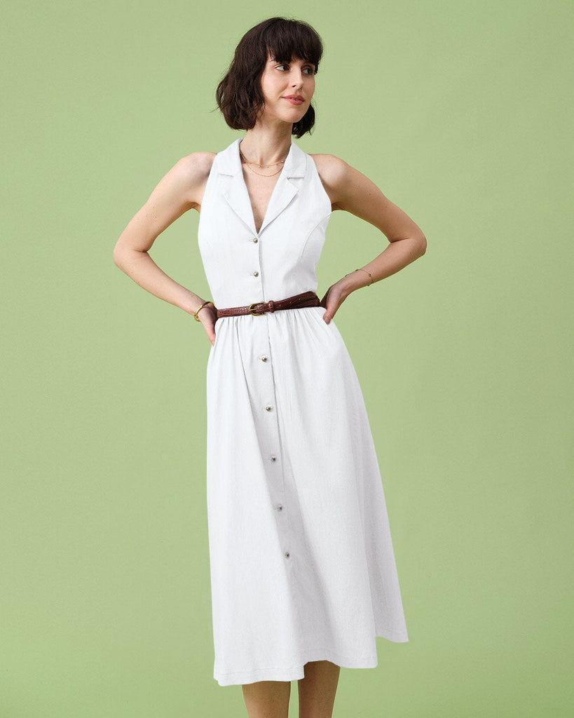 The Lapel Tunic Midi Dress White Dresses - RIHOAS