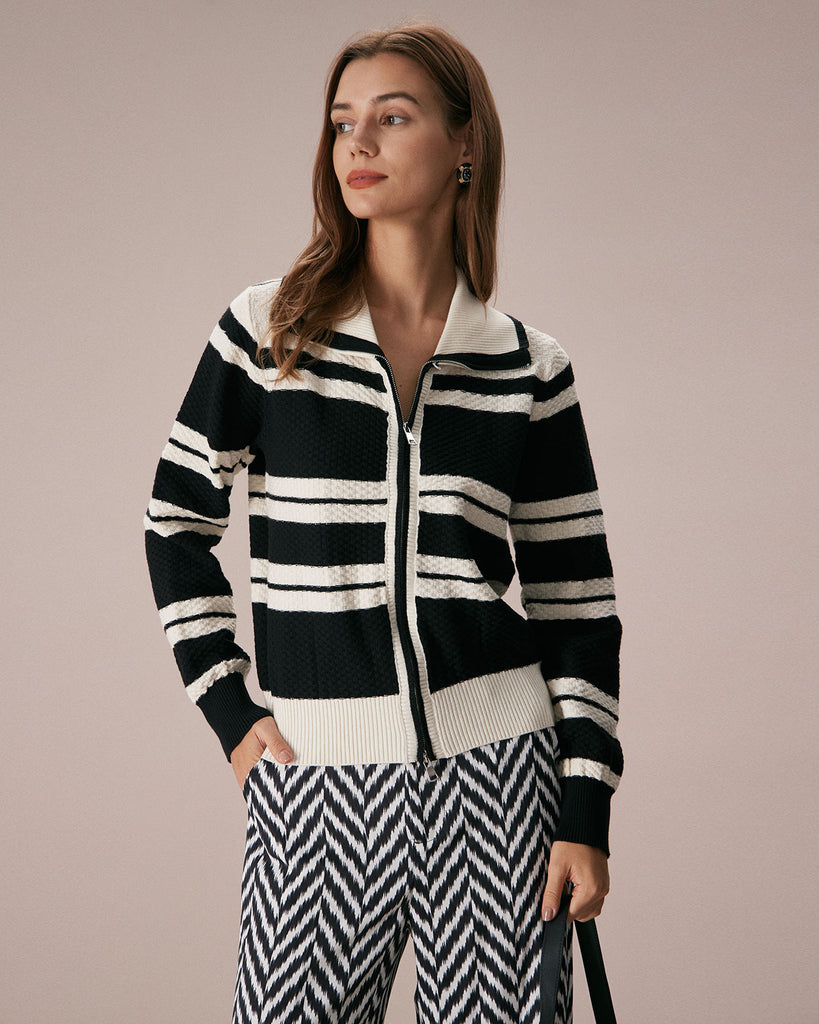 The Lapel Zip Striped Jacket Black Stripe Outerwear - RIHOAS