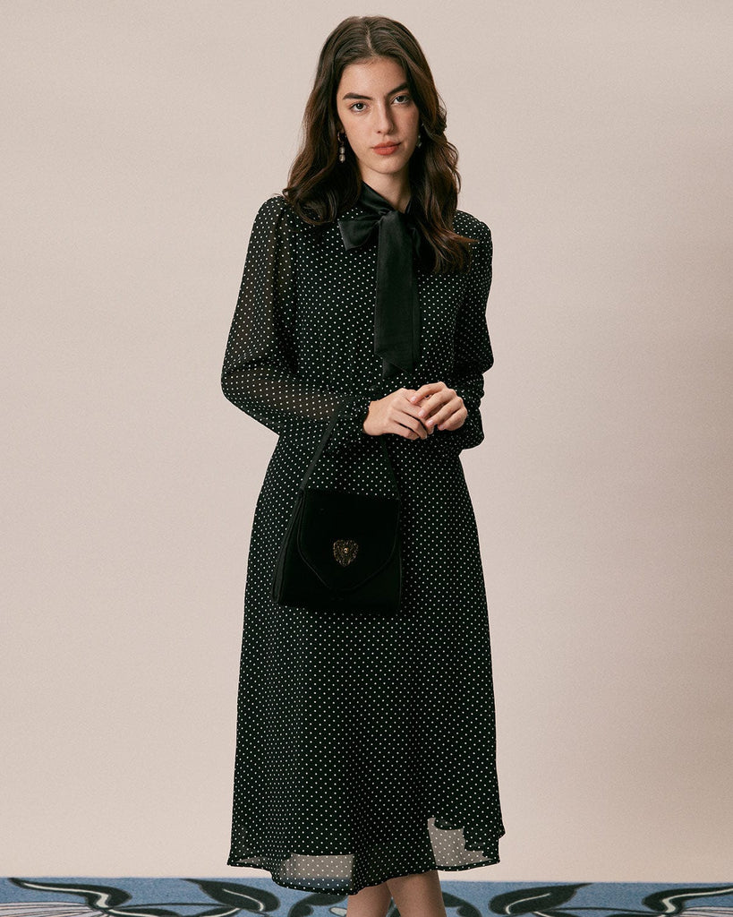 The Long Sleeve Sheer Polka Dot Dress Black Dresses - RIHOAS