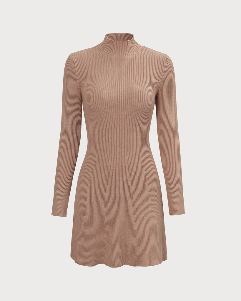 The Mock Neck A-Line Sweater Dress Khaki Dresses - RIHOAS