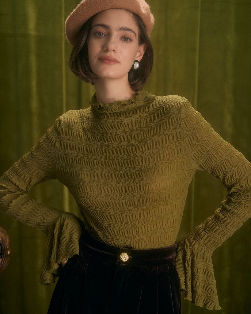 The Mock Neck Flare Sleeve Top Green Tops - RIHOAS