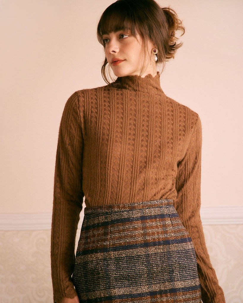 The Mock Neck Textured Knit Top Brown Tops - RIHOAS