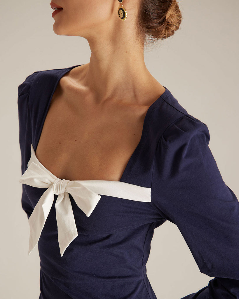 The Navy Bowknot Collar Midi Dress Dresses - RIHOAS