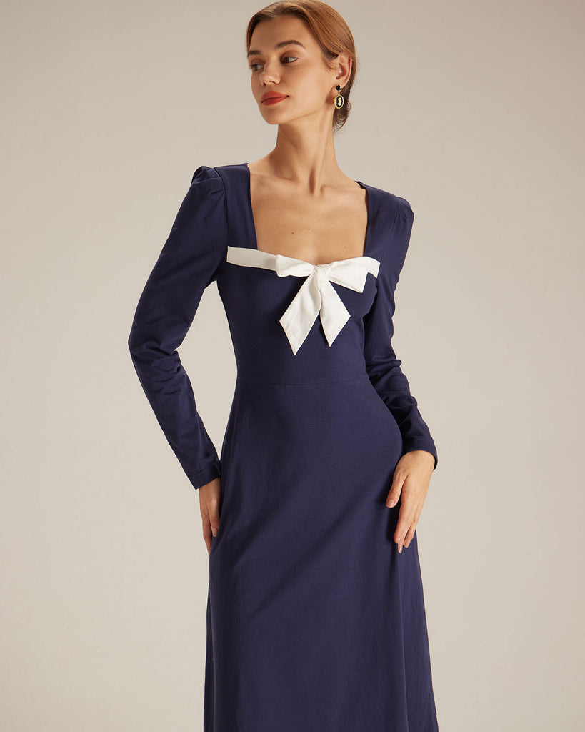 The Navy Bowknot Collar Midi Dress Dresses - RIHOAS