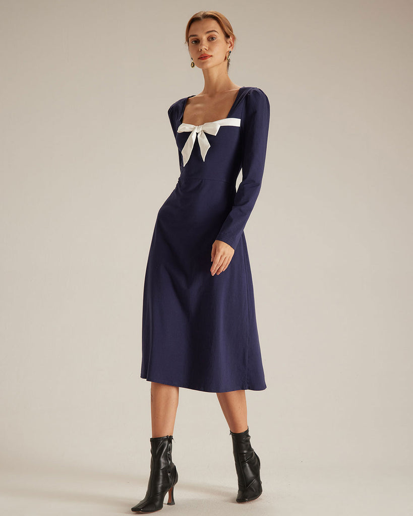 The Navy Bowknot Collar Midi Dress Dresses - RIHOAS