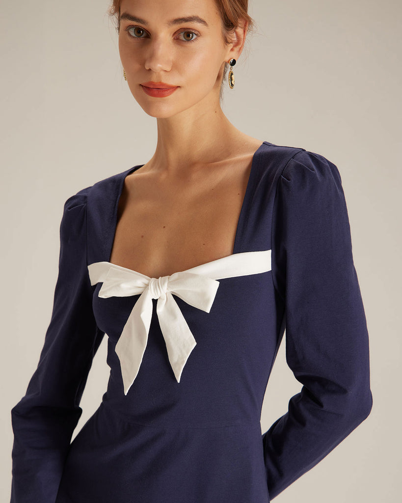 The Navy Bowknot Collar Midi Dress Dresses - RIHOAS