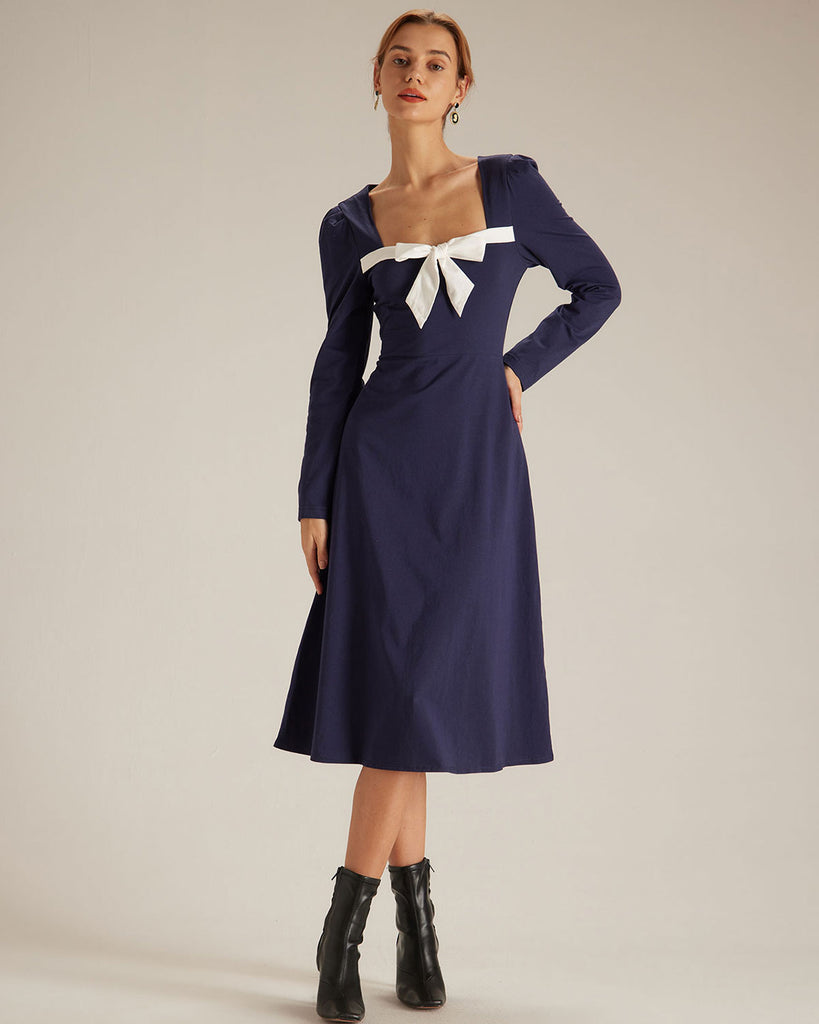 The Navy Bowknot Collar Midi Dress Navy Dresses - RIHOAS