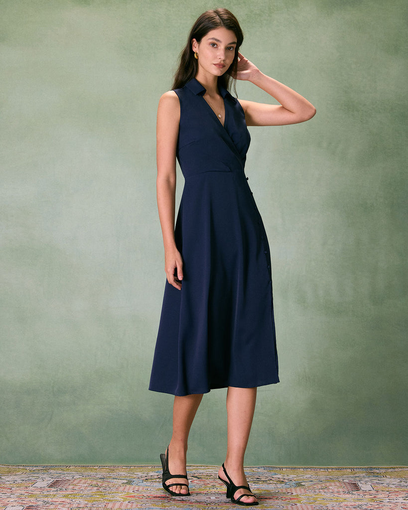 The Navy Collared Ruched Midi Dress Dresses - RIHOAS