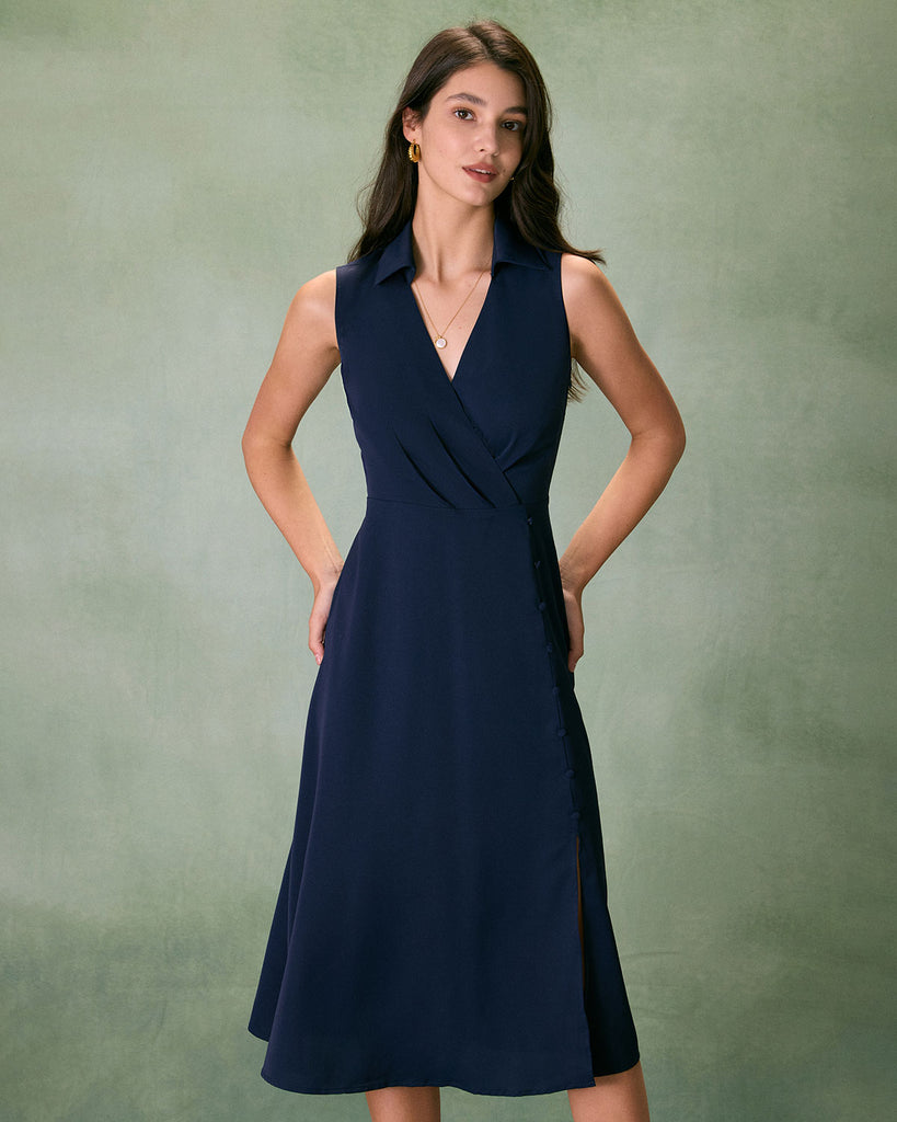 The Navy Collared Ruched Midi Dress Dresses - RIHOAS