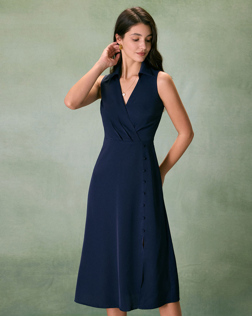The Navy Collared Ruched Midi Dress Navy Dresses - RIHOAS