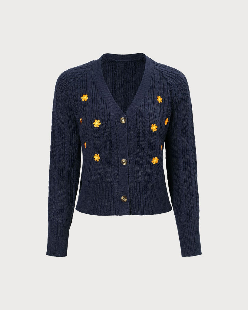 The Navy Floral Embroidery Cardigan Navy Tops - RIHOAS