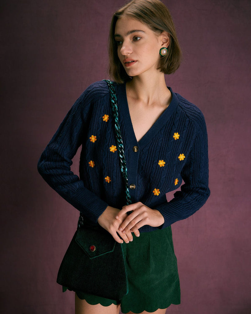 The Navy Floral Embroidery Cardigan Tops - RIHOAS