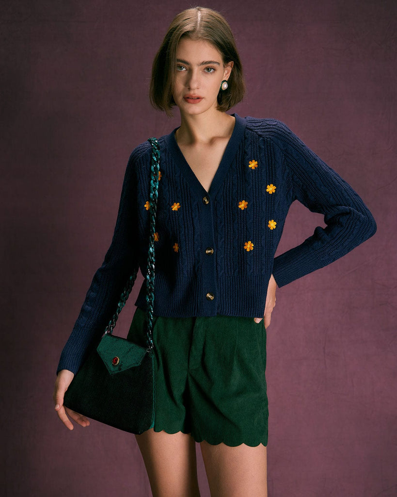 The Navy Floral Embroidery Cardigan Tops - RIHOAS