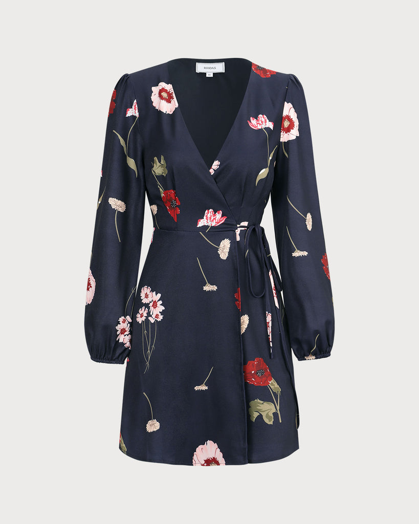 The Navy Floral Wrap Mini Dress Dresses - RIHOAS