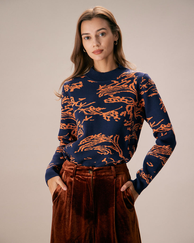 The Navy Mock Neck Abstract Print Sweater Navy Tops - RIHOAS