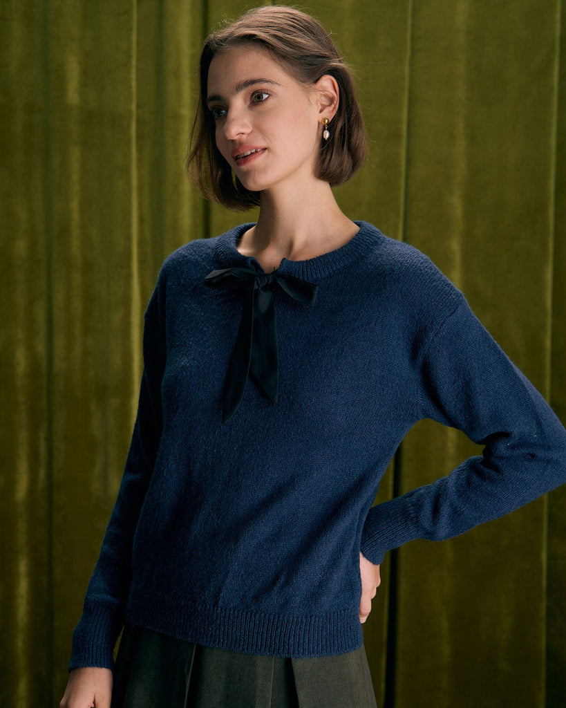 The Navy Round Neck Tie Sweater Navy Tops - RIHOAS