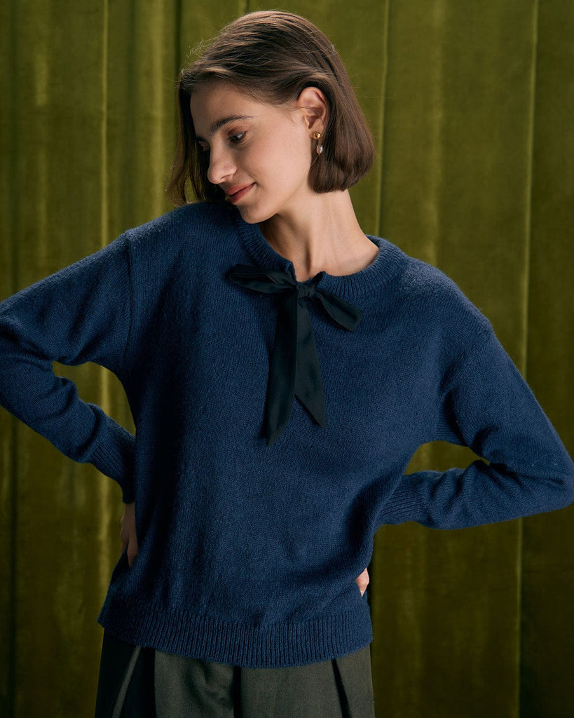 The Navy Round Neck Tie Sweater Tops - RIHOAS