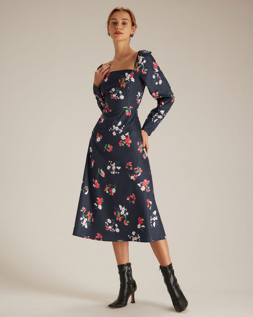 The Navy Square Neck Floral Dress Dresses - RIHOAS