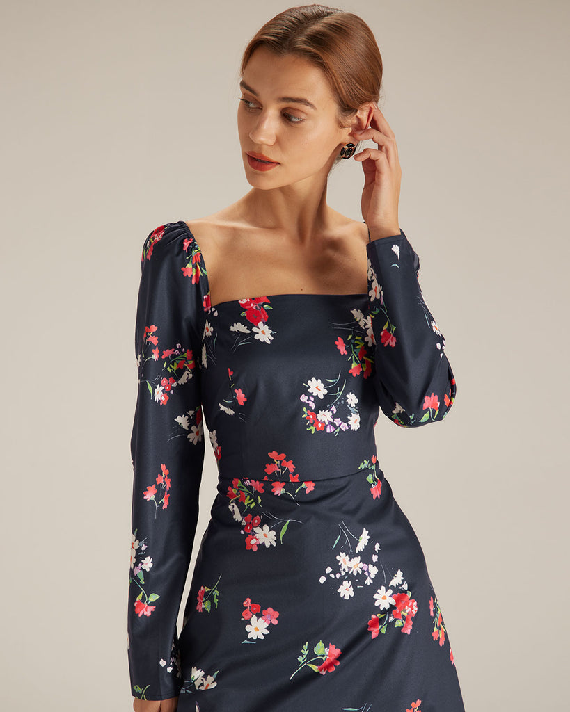 The Navy Square Neck Floral Dress Dresses - RIHOAS