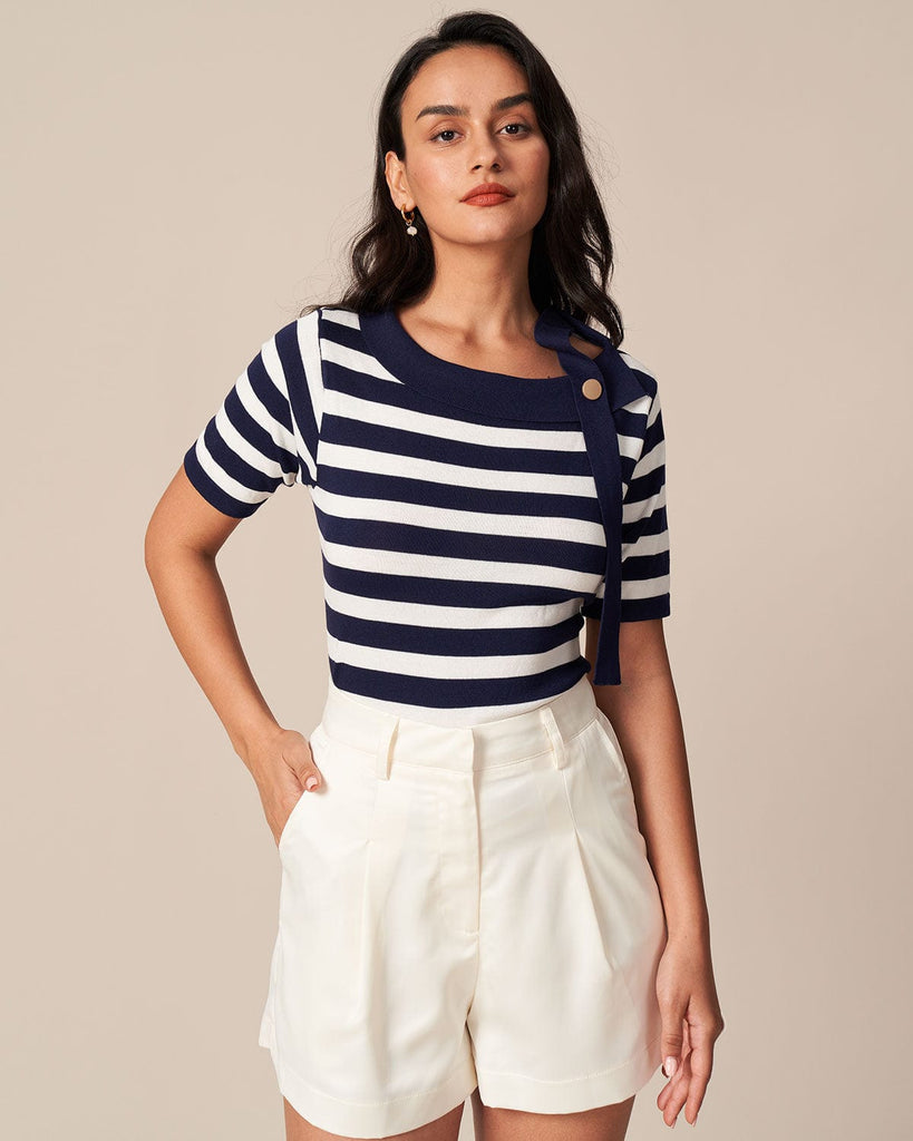 The Navy Striped Short Sleeve Knit Tee Navy Tops - RIHOAS