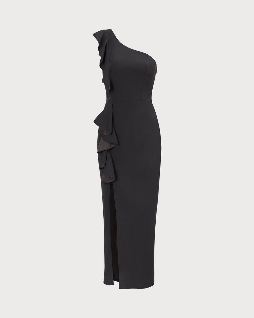 The Off-Shoulder Ruffled Slit Dress Black Dresses - RIHOAS