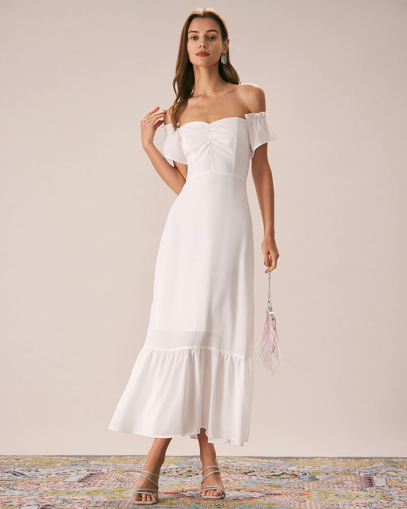 The Off The Shoulder Ruched Dress White Dresses - RIHOAS