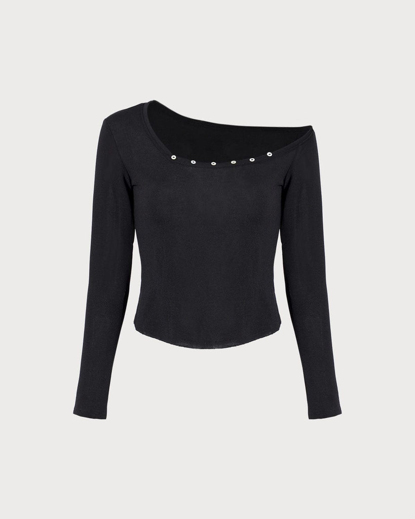 The One Shoulder Button Top Black Tops - RIHOAS