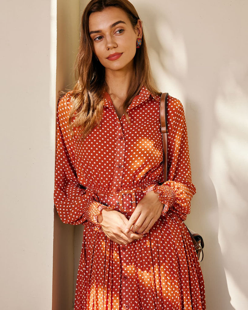 The Orange Polka Dot Pleated Midi Dress Dresses - RIHOAS
