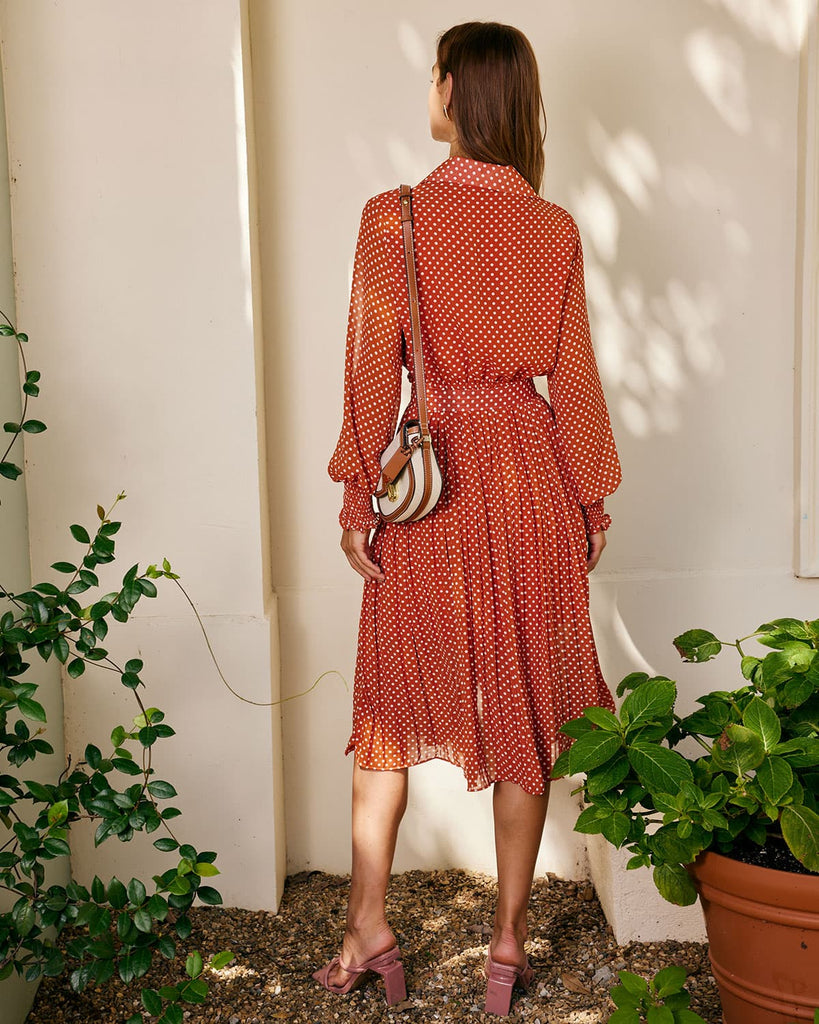 The Orange Polka Dot Pleated Midi Dress Dresses - RIHOAS
