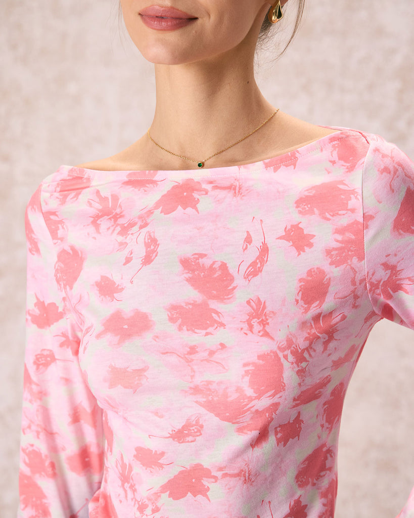 The Pink Boat Neck Floral Tee Tops - RIHOAS