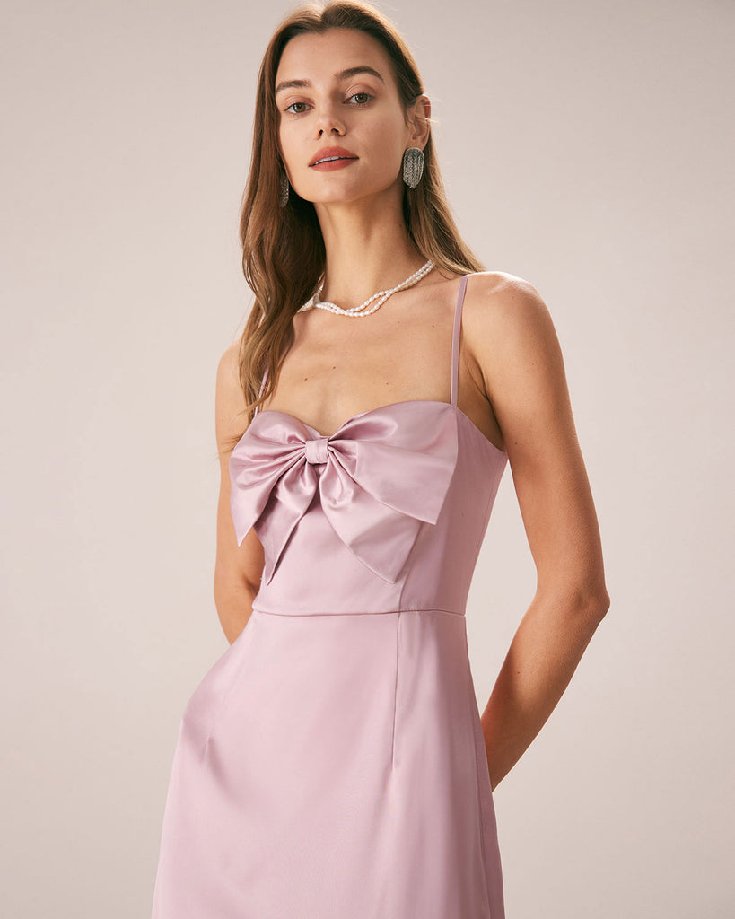 The Pink Bowknot Satin Maxi Dress Dresses - RIHOAS