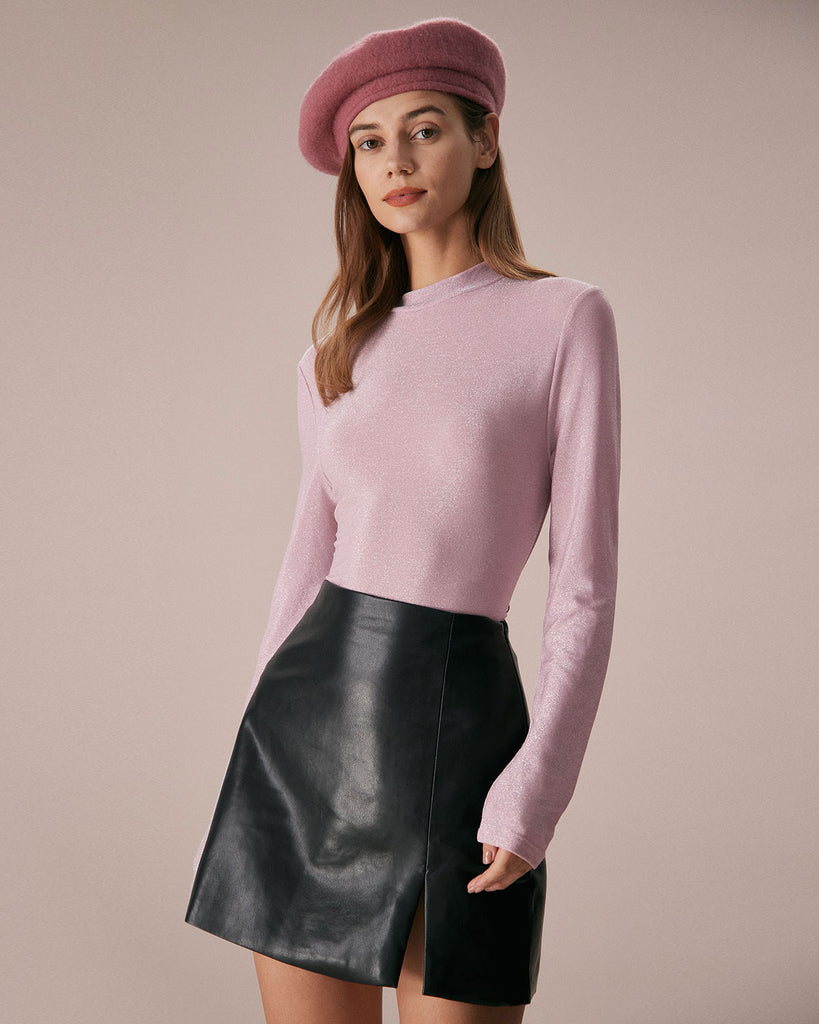 The Pink Mock Neck Lurex Tee Tops - RIHOAS