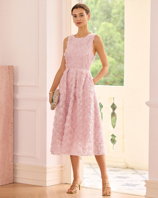 The Pink Round Neck Backless Midi Dress Reviews Pink Dresses RIHOAS