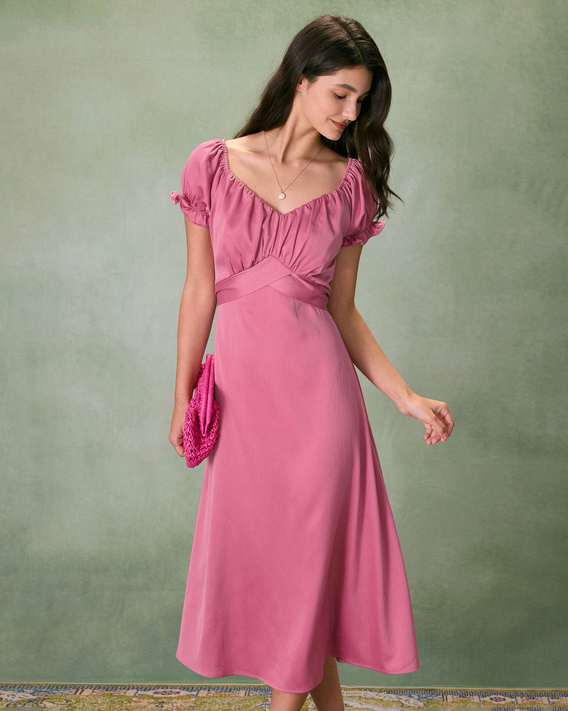 The Pink Ruched Satin Midi Dress Dresses - RIHOAS