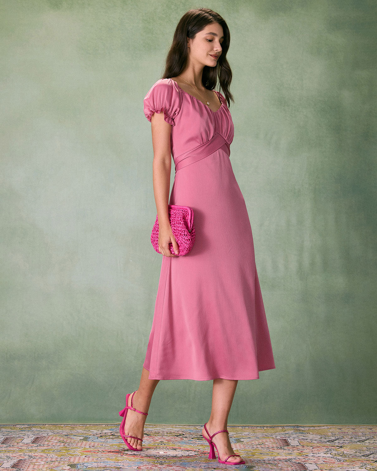 The Pink Sweetheart Neck Ruched Satin Midi Dress & Reviews - Pink - Dresses | RIHOAS