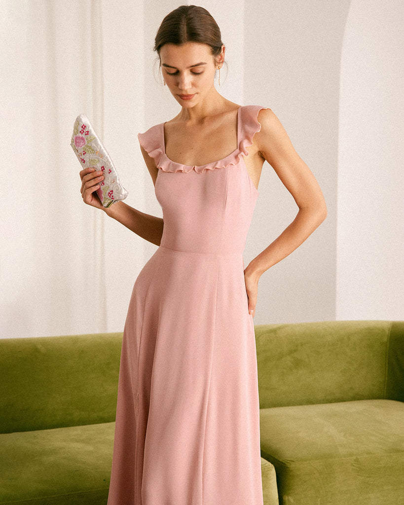 The Pink Ruffle Solid Maxi Dress Dresses - RIHOAS