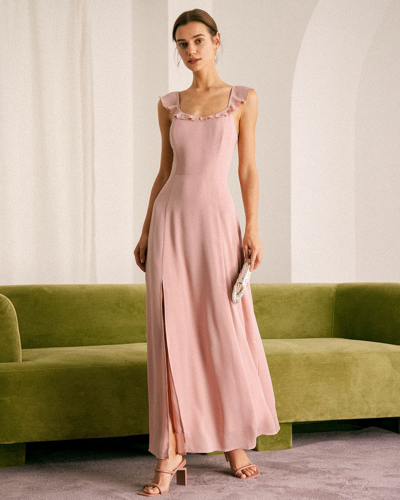 The Pink Ruffle Solid Maxi Dress Pink Dresses - RIHOAS