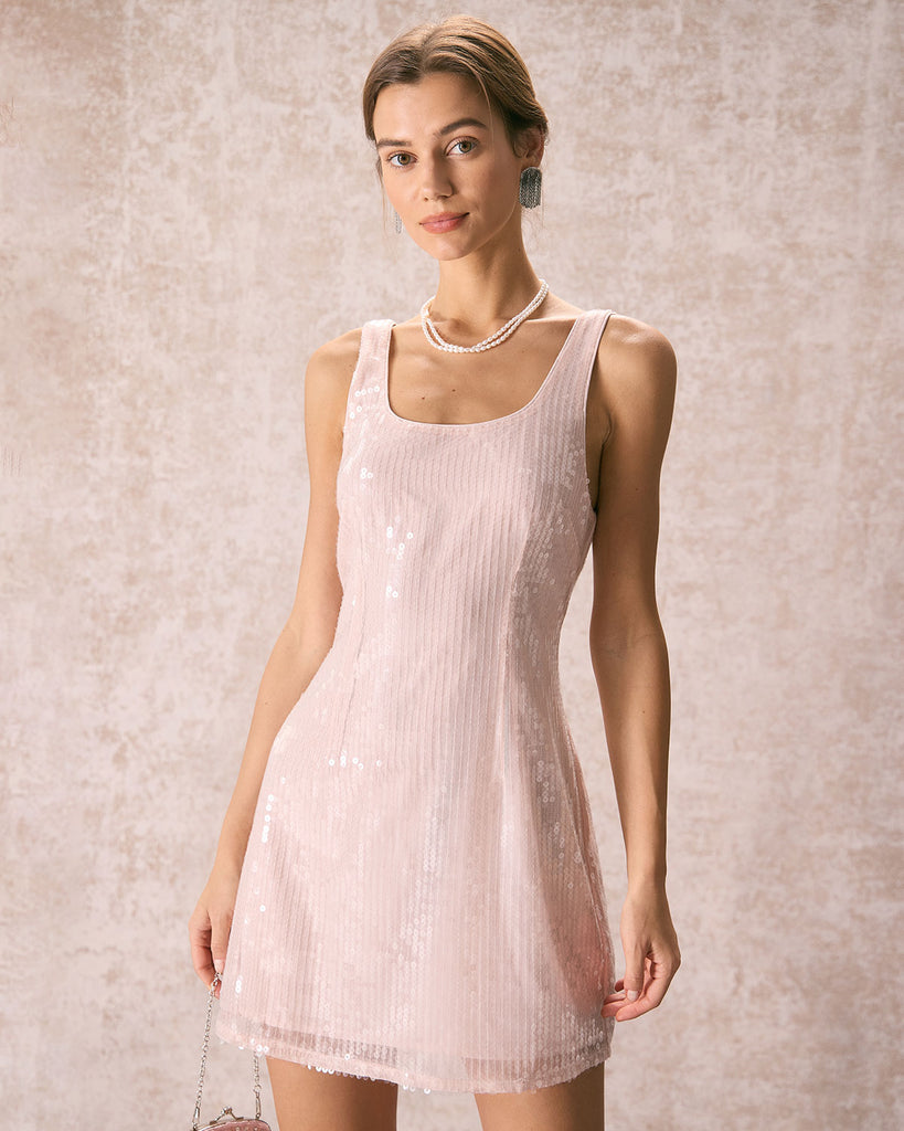 The Pink U Neck Sequin Mini Dress Pink Dresses - RIHOAS