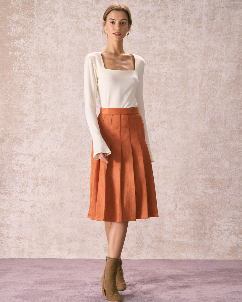 The Pleated Suede Midi Skirt Bottoms - RIHOAS