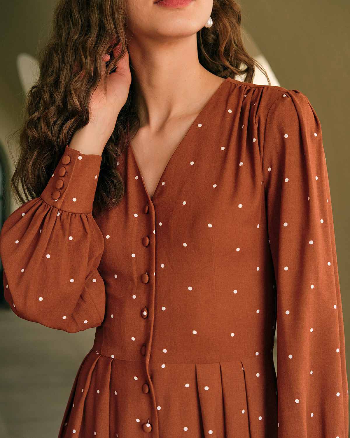 Brown Polka Dot Pleated Midi Dress Brown Polka Dot Pleated Midi Dress