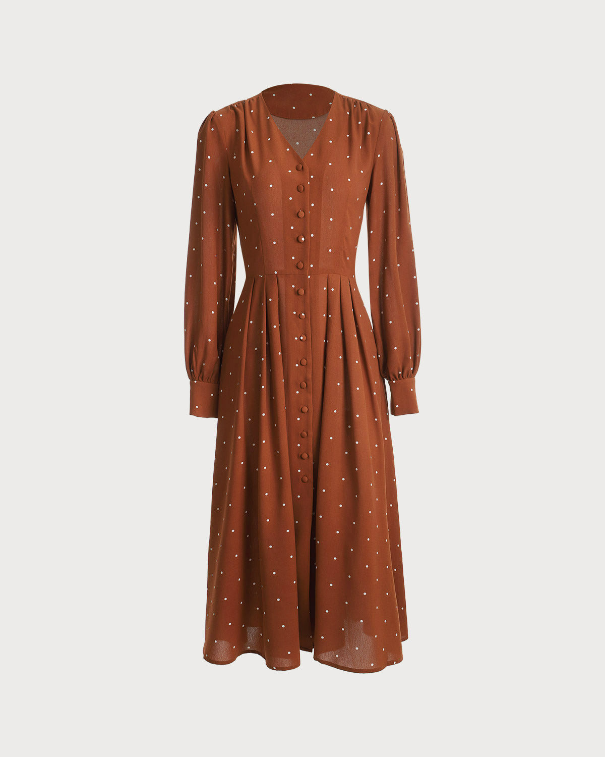Brown Polka Dot Pleated Midi Dress - Pleated Long Sleeve Polka Dot V Neck Midi Dress - Brown - Dresses | RIHOAS Brown Polka Dot Pleated Midi Dress - Pleated Long Sleeve Polka Dot V Neck Midi Dress - Brown - Dresses | RIHOAS