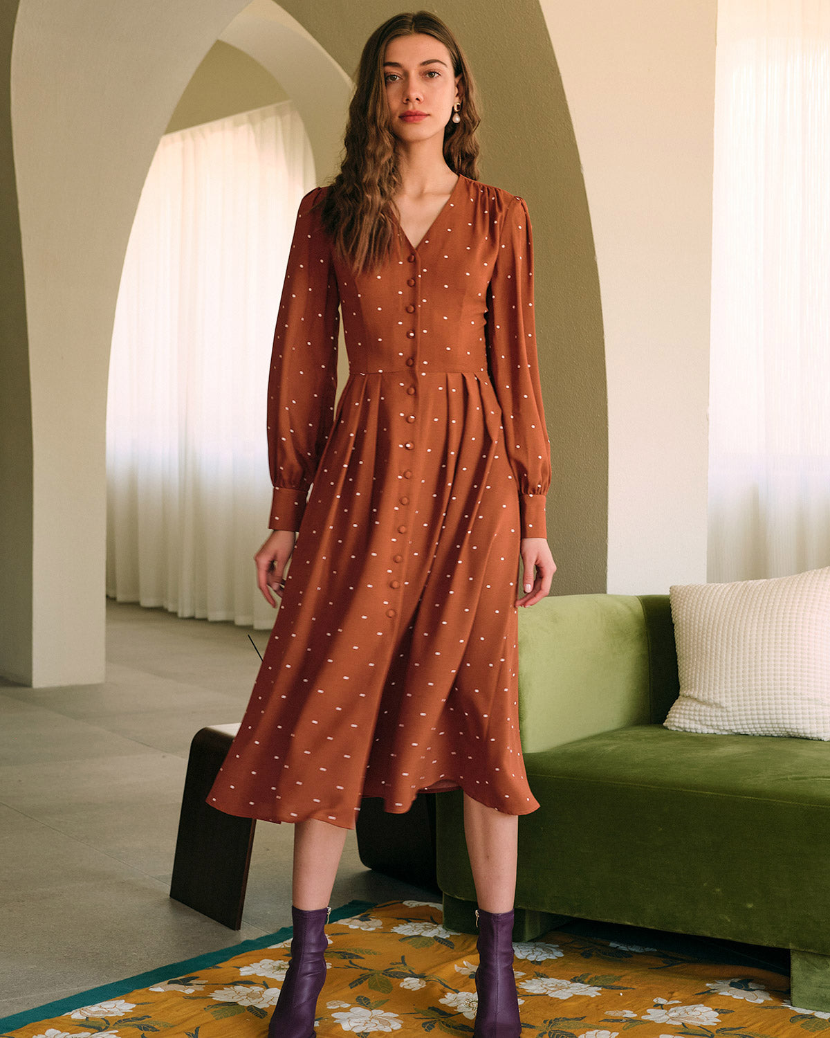 Brown Polka Dot Pleated Midi Dress Brown Polka Dot Pleated Midi Dress