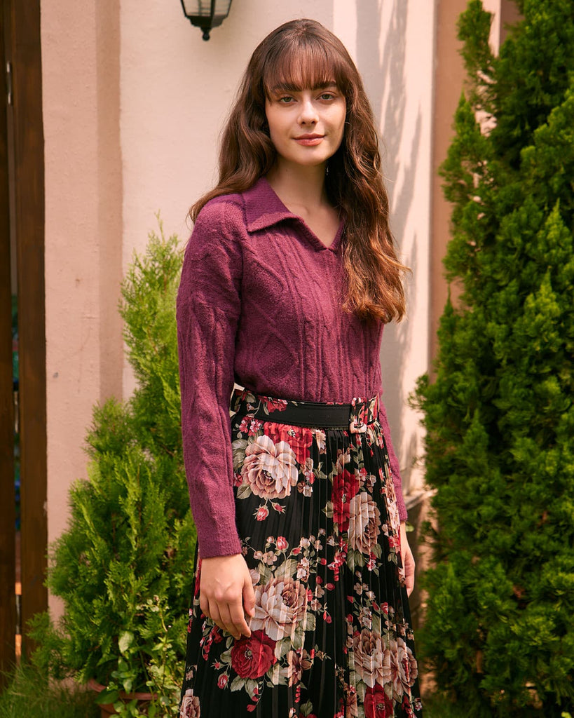 The Polo Collar Cable Sweater Wine Red Tops - RIHOAS