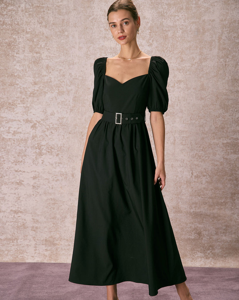 The Puff Sleeve Belt Maxi Dress Black Dresses - RIHOAS