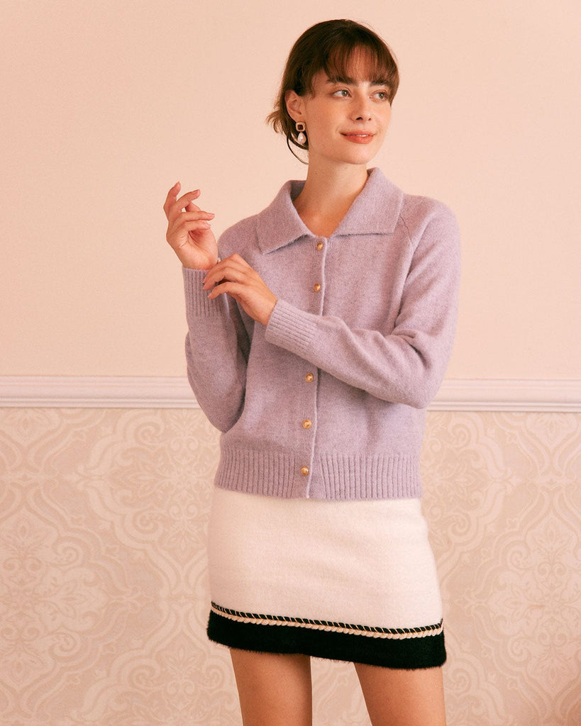 The Purple Collared Cardigan Tops - RIHOAS